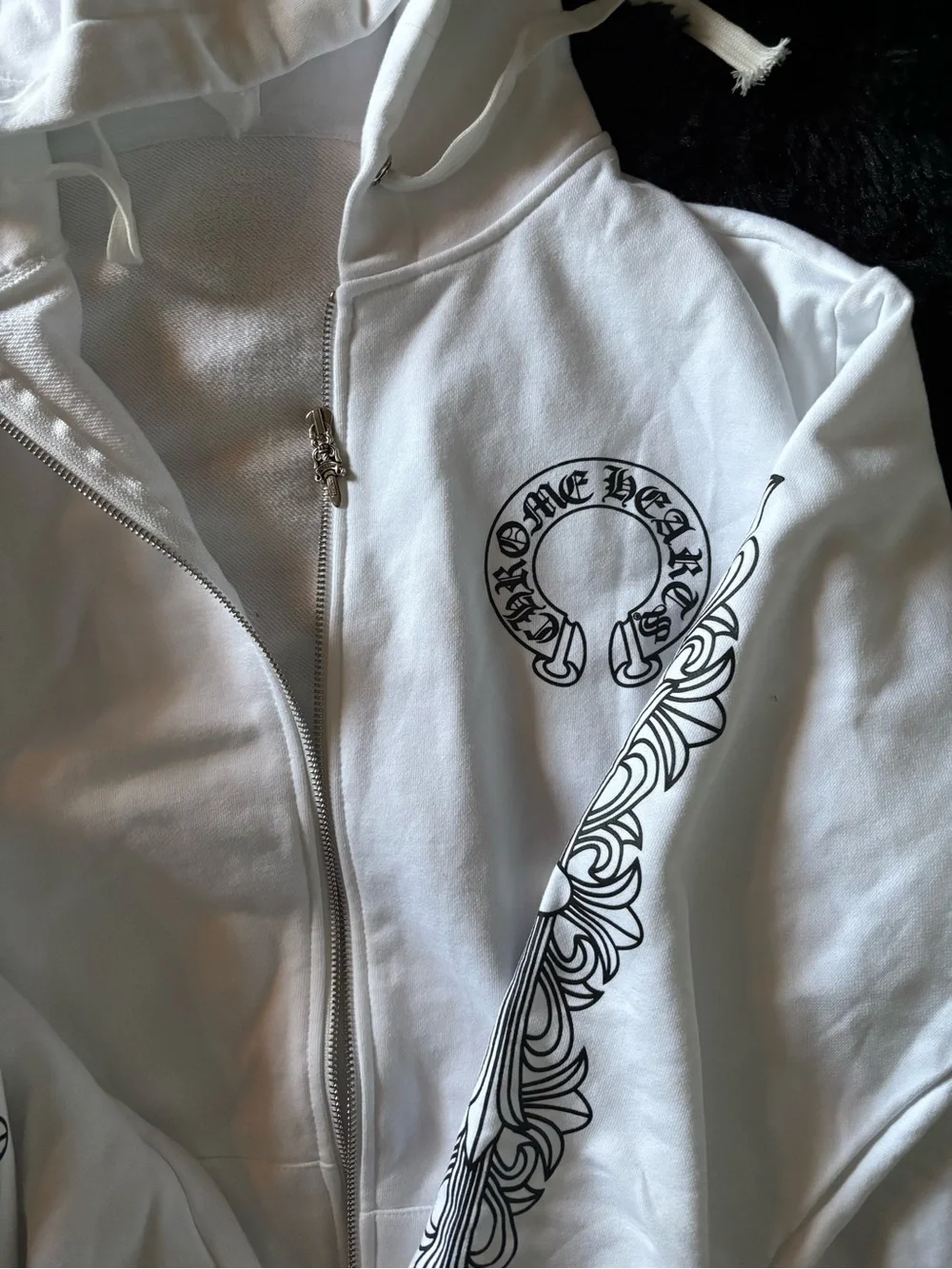 Chrome Hearts White Mens Zip Hoodie with Black Graphic